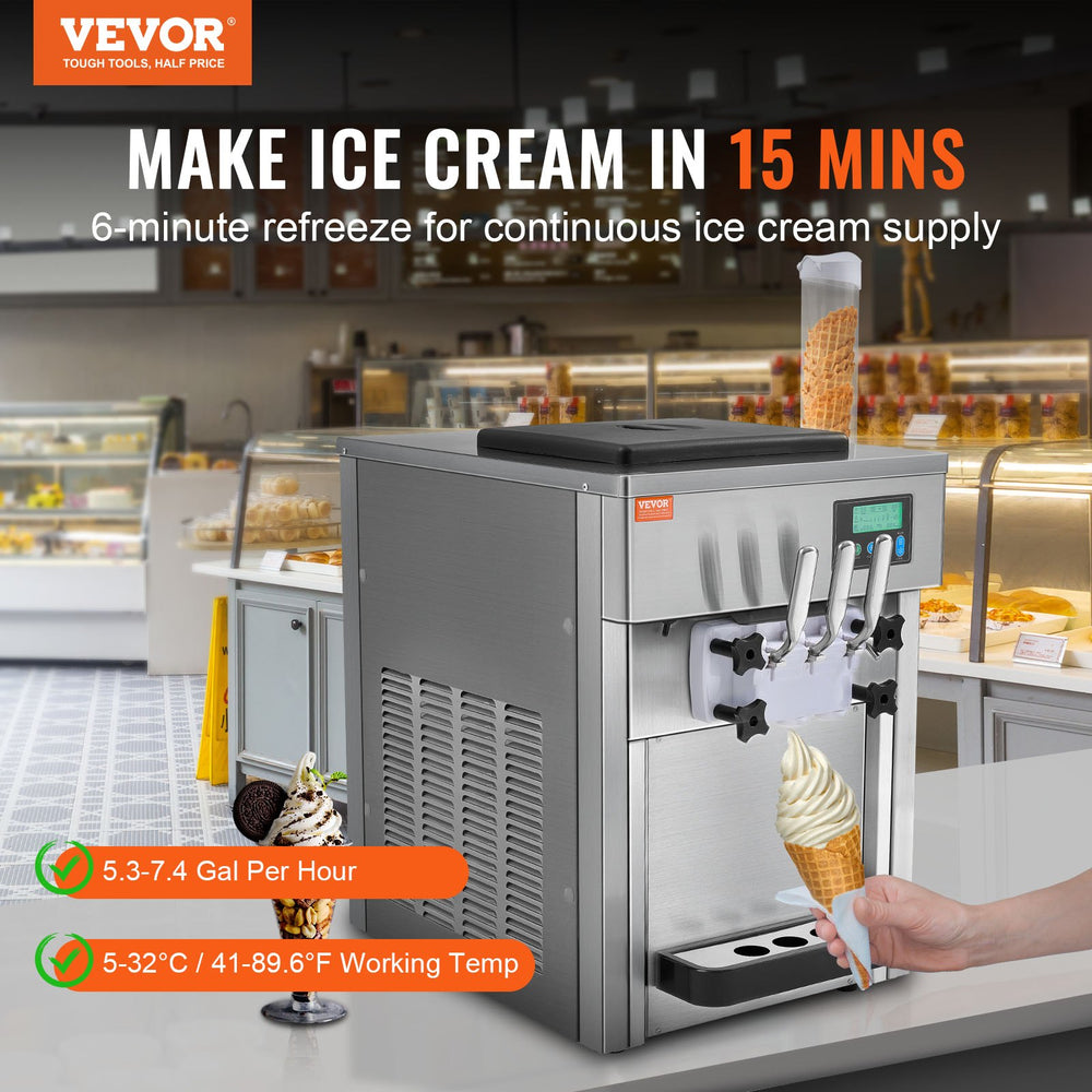 Vevor Commercial Ice Cream Machine 5.3 Gal/H Yield 3-Flavor 2 Hopper 1800W New