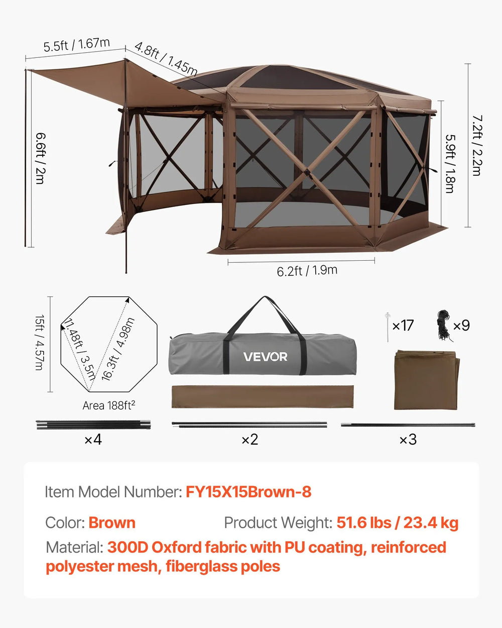 Vevor Pop-up Gazebo Tent 15 x 15 ft. with Removable Top 12-15 Person New