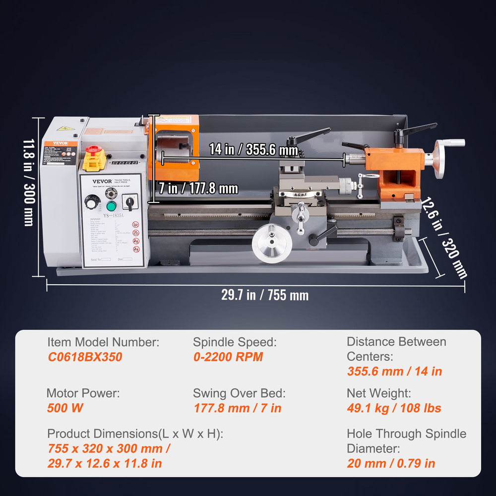Vevor Metal Lathe 13.8" x 7" Variable Speed 0-2200 RPM with Toolbox New