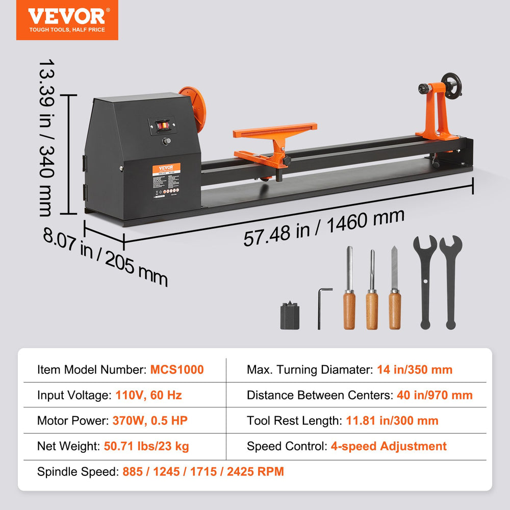 Vevor Benchtop Wood Lathe 14" x 40" 4-Speed Variable 1/2HP 370W New