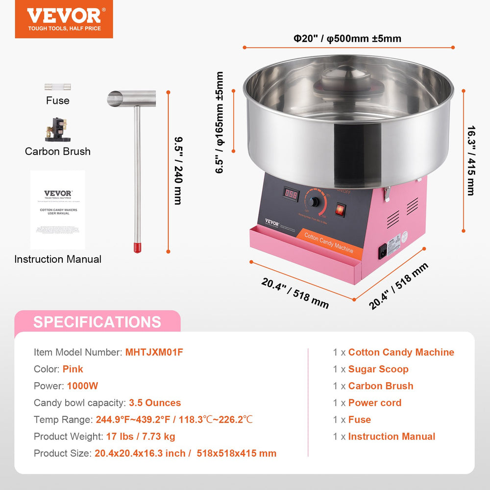 Vevor Cotton Candy Machine with Stainless Steel Bowl 1000W New