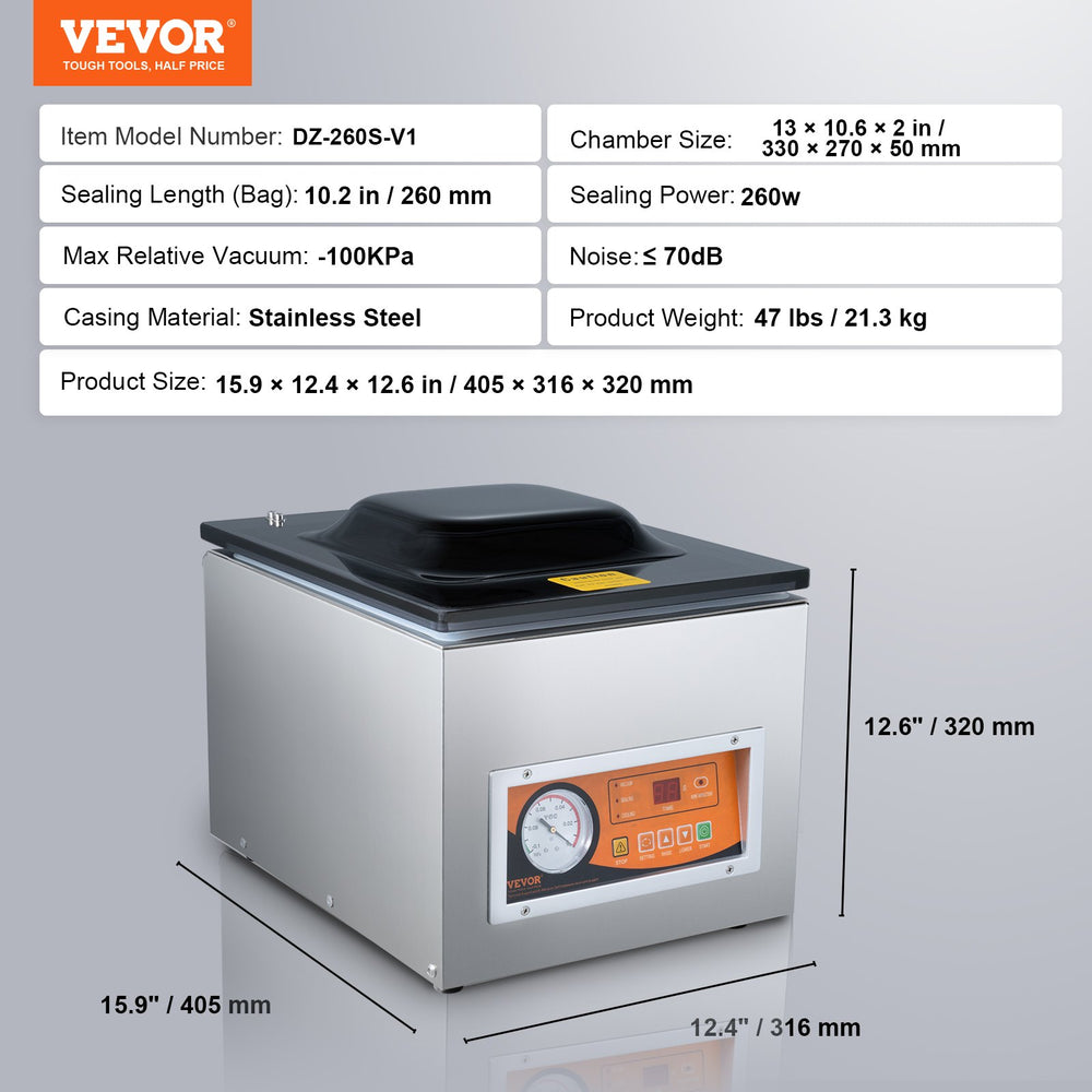 Vevor Chamber Vacuum Sealer 260W Packing Machine with 10.2" Sealing Length New