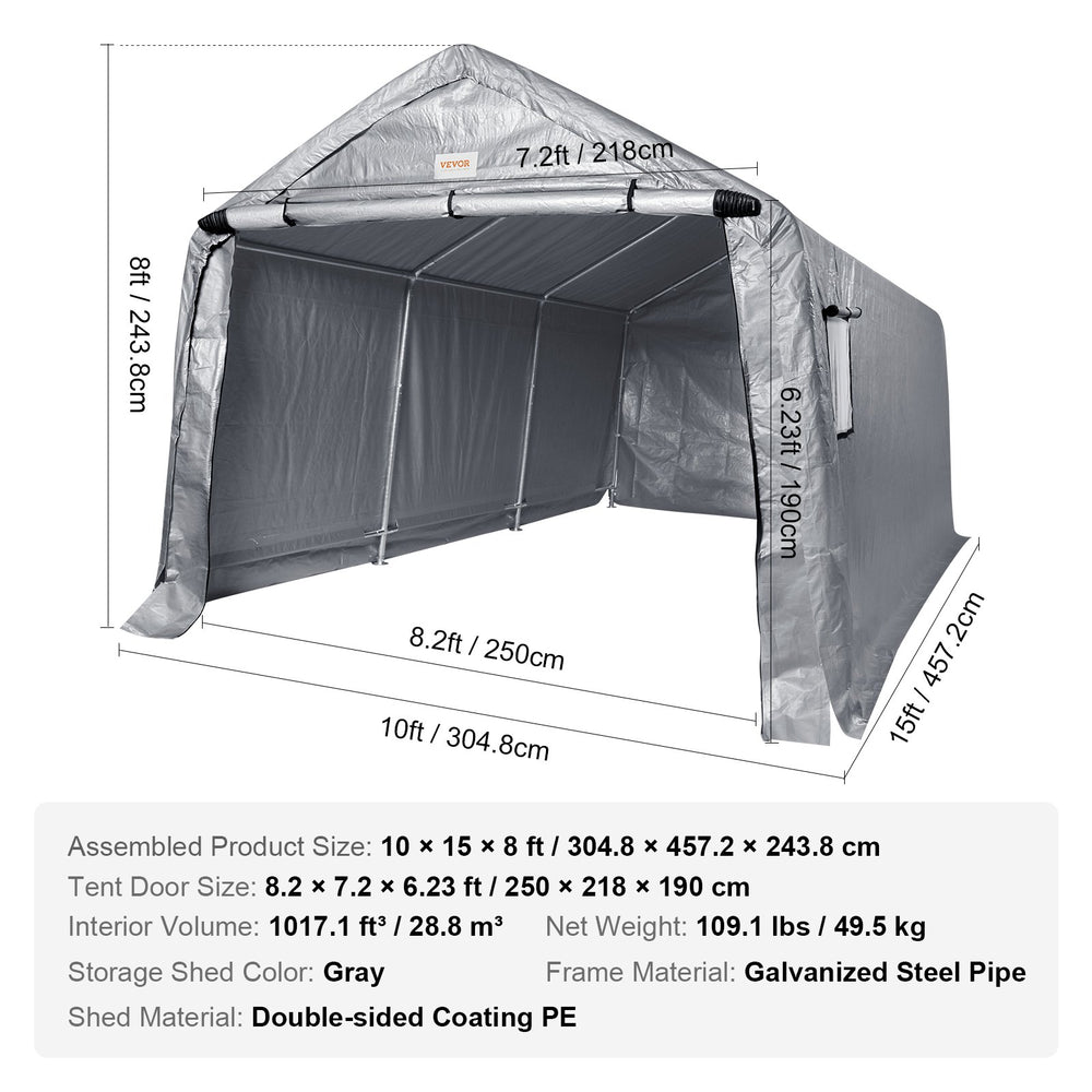 Vevor Outdoor Storage Shelter 10' x 15' x 8' Portable Shed Roll-Up Zipper Door Ventilated Windows New