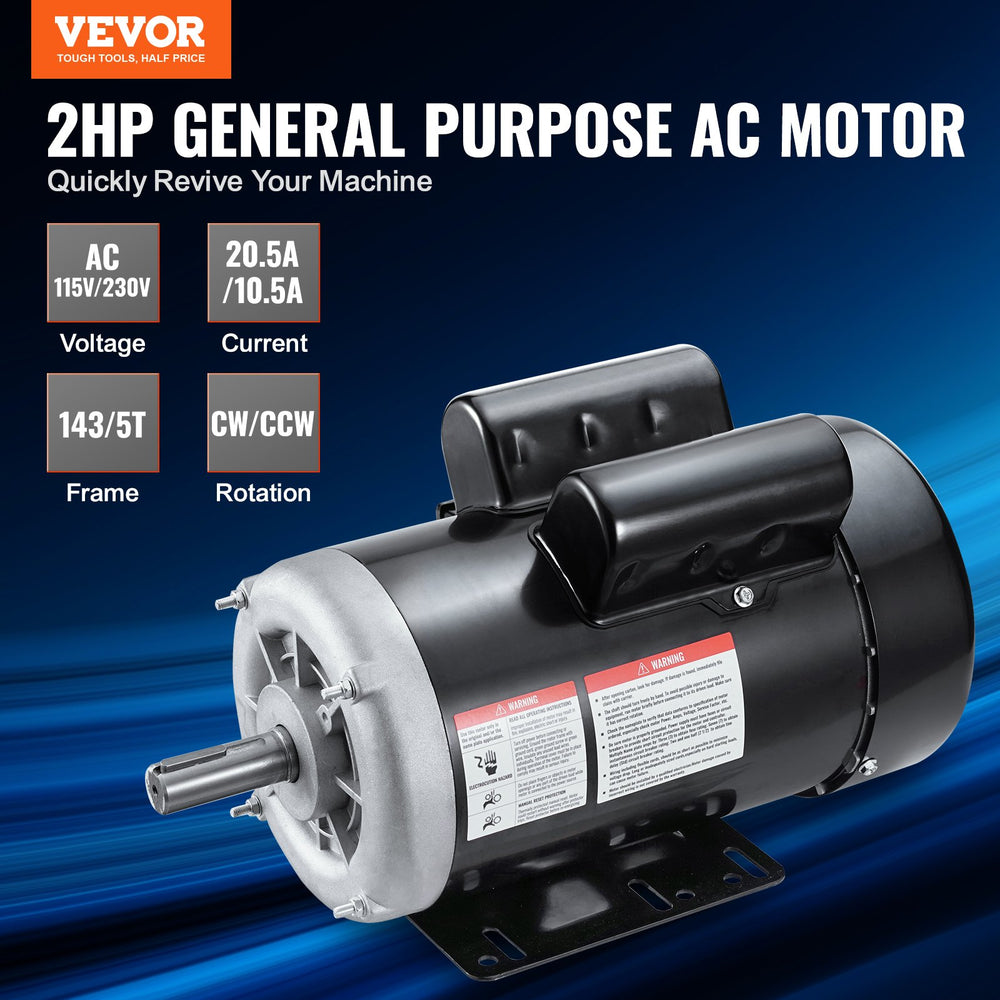 Vevor Electric Motor 2HP Single Phase AC115V/230V 143/5T Frame 7/8" Keyed Shaft CW/CCW Rotation New