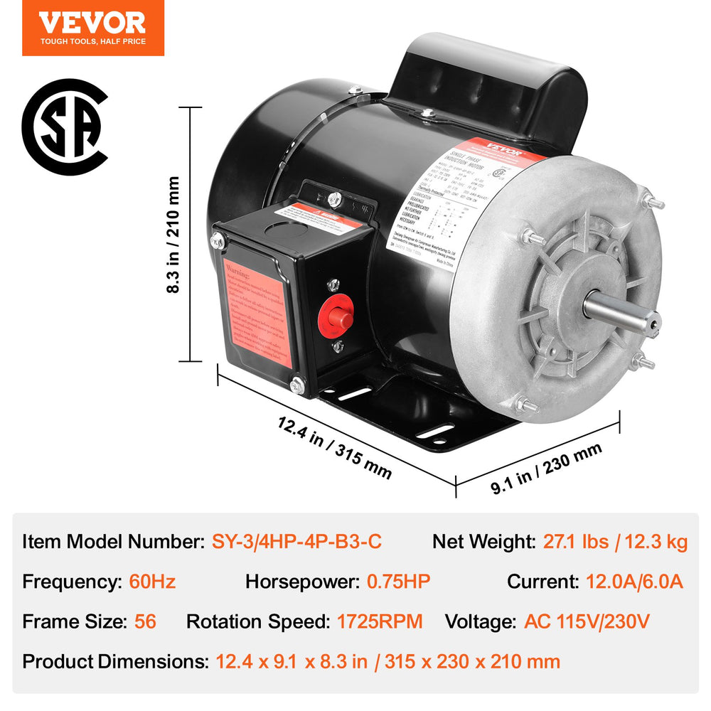 Vevor Electric Motor Single Phase 0.75HP 1725 RPM 115V/230V 56-Frame CW/CCW Rotation New