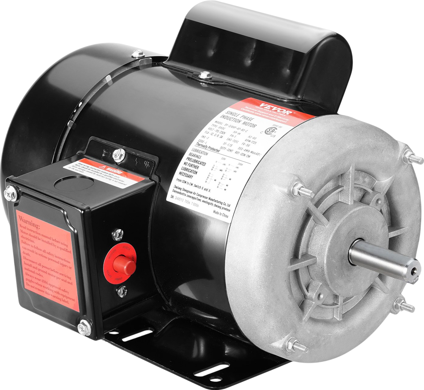 Vevor Electric Motor Single Phase 0.75HP 1725 RPM 115V/230V 56-Frame CW/CCW Rotation New