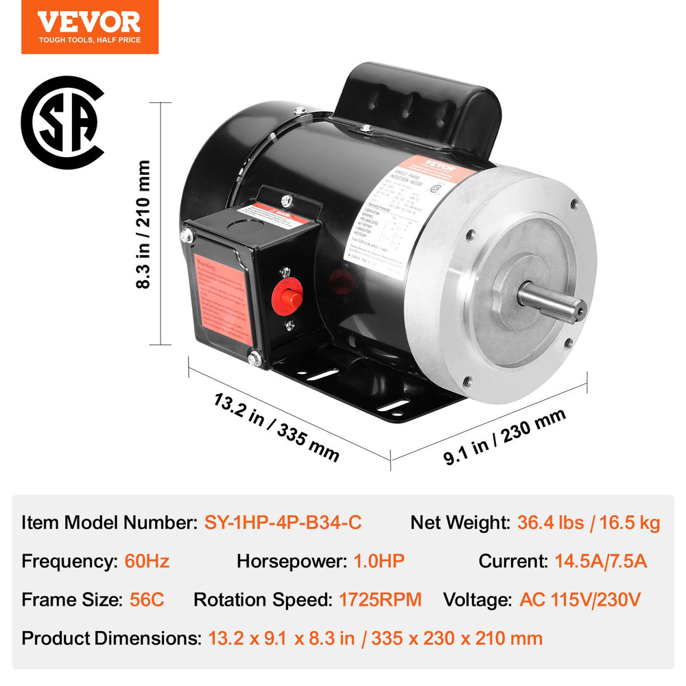 Vevor Electric Motor 1HP 5/8" Keyed Shaft 1725 RPM Single Phase AC 115/230V New