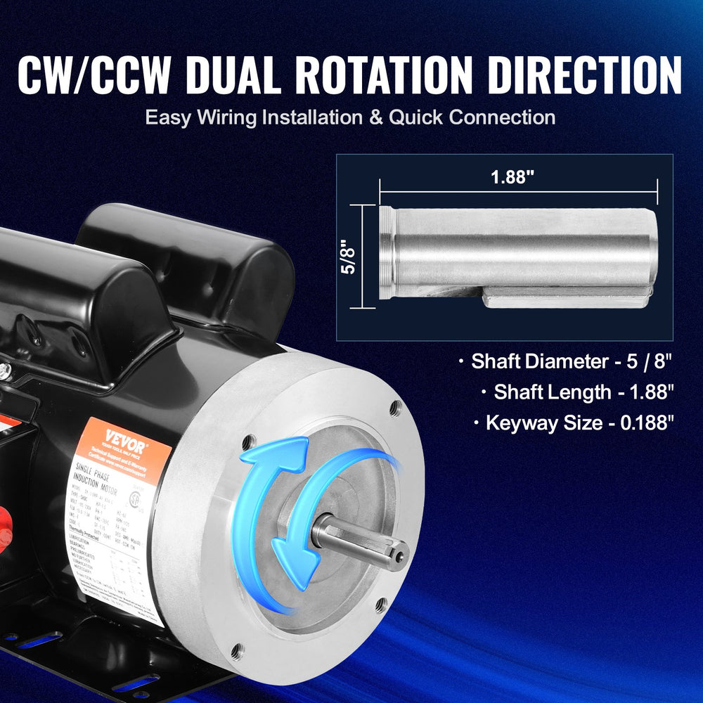 Vevor Motor Electric 1.5HP 1725 RPM CW/CCW Rotation 5/8" Keyed Shaft Single Phase AC115V/230V New
