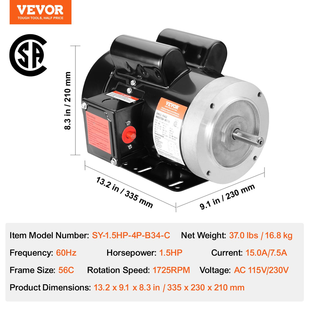 Vevor Motor Electric 1.5HP 1725 RPM CW/CCW Rotation 5/8" Keyed Shaft Single Phase AC115V/230V New