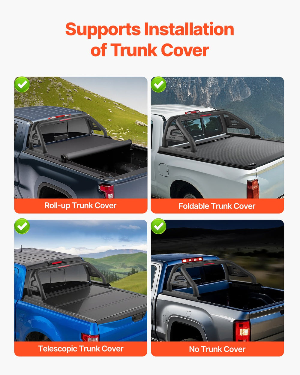 Vevor Truck Bed Roll Bar Universal Chase Rack with Light for Mid-Size Pickup New