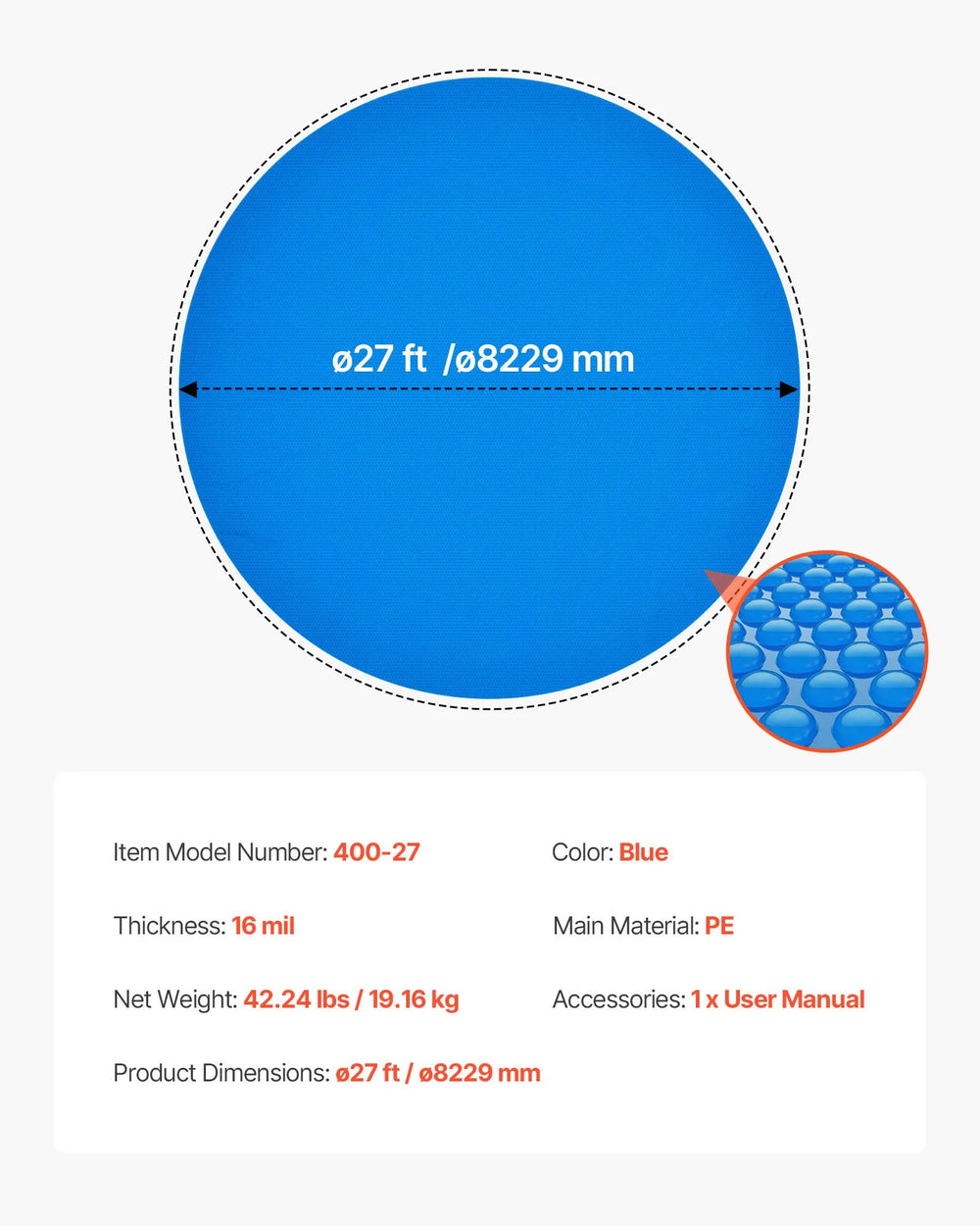 Vevor Solar Pool Cover 27 ft. Round with Heat Retaining Bubble PE Material New