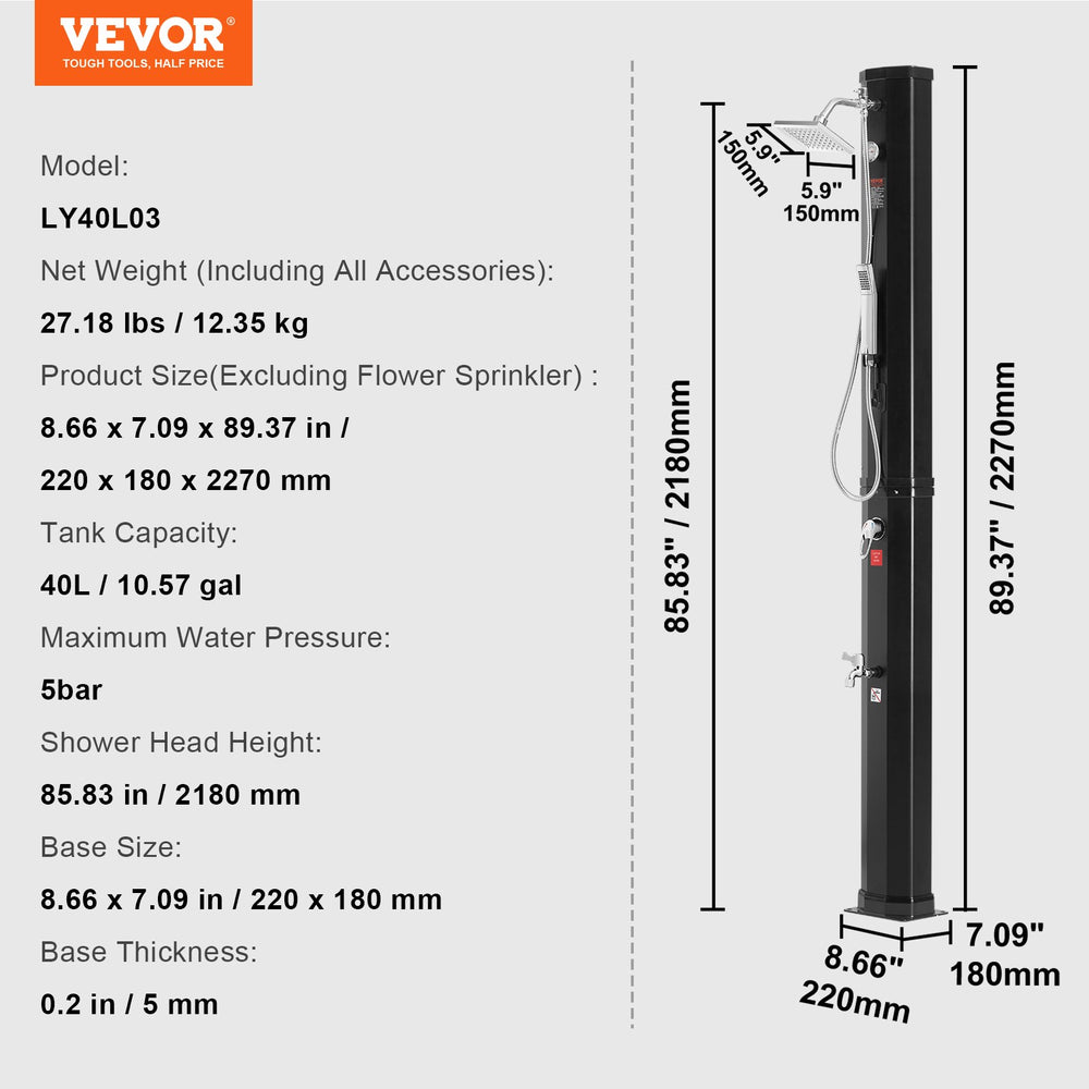 Vevor Outdoor Shower Solar Heated 10.57 Gal. Capacity with Handheld Mode New