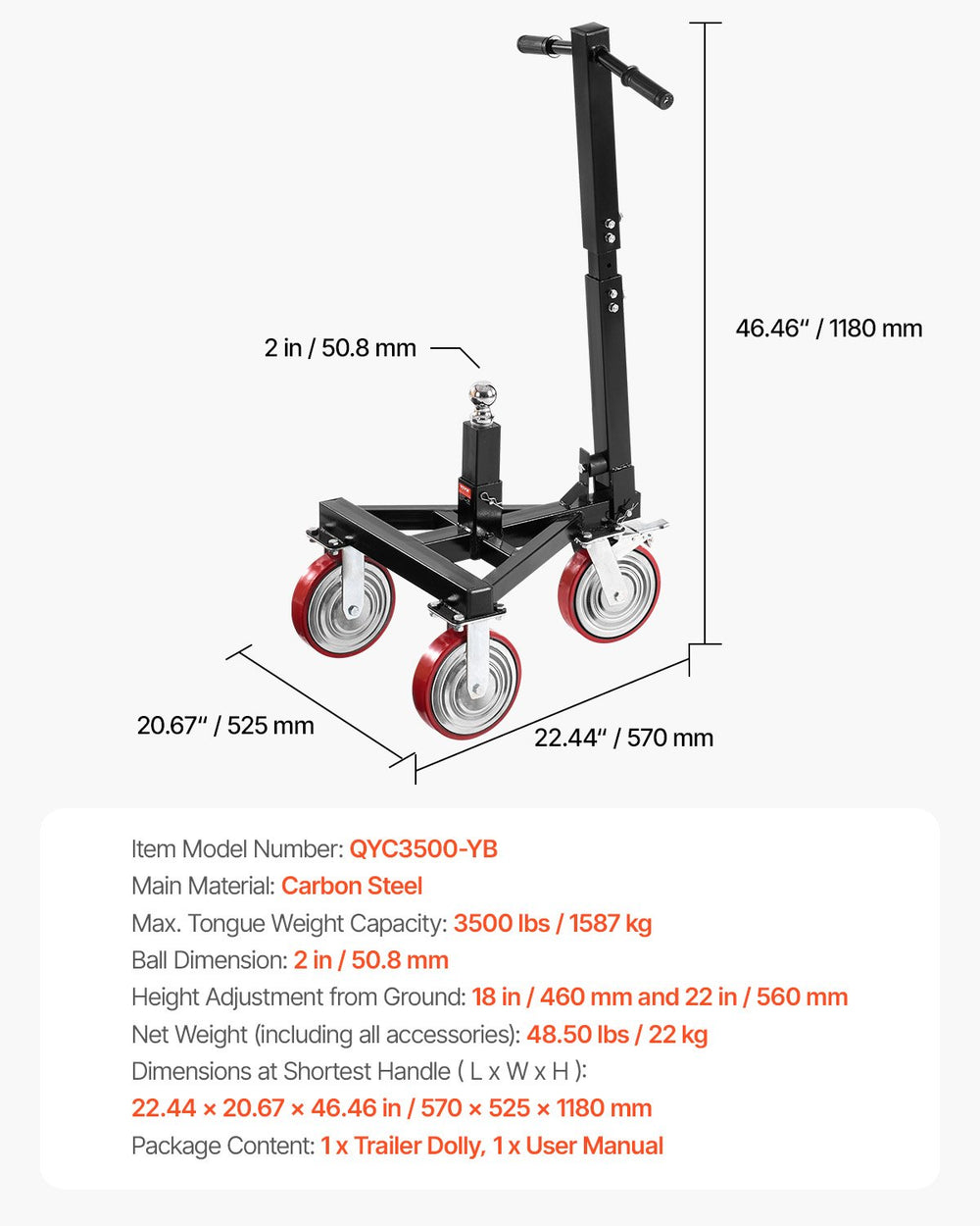 Vevor Trailer Dolly 3500 Lbs Tongue Weight Capacity 18-22" Height Adjustable New