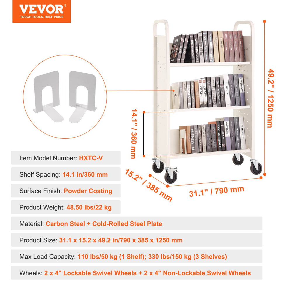 Vevor Rolling Library Book Cart 31.1" x 15.2" x 49.2" Single Sided 3-Tier Storage New