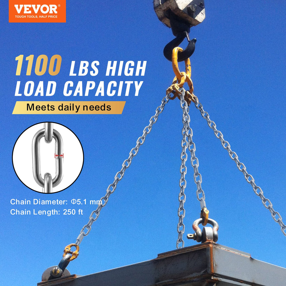 Vevor Proof Coil Chain 3/16" x 250' Zinc Plated Carbon Steel 1100lbs Load Capacity New