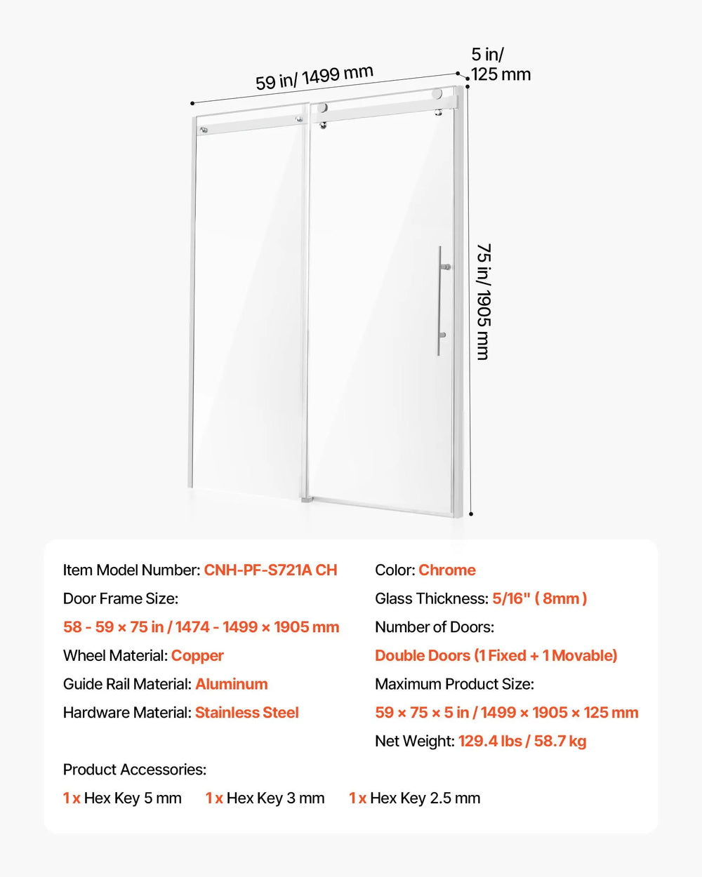 Vevor Frameless Shower Sliding Door 58-59 W x 75 H inch Tempered Glass Chrome New