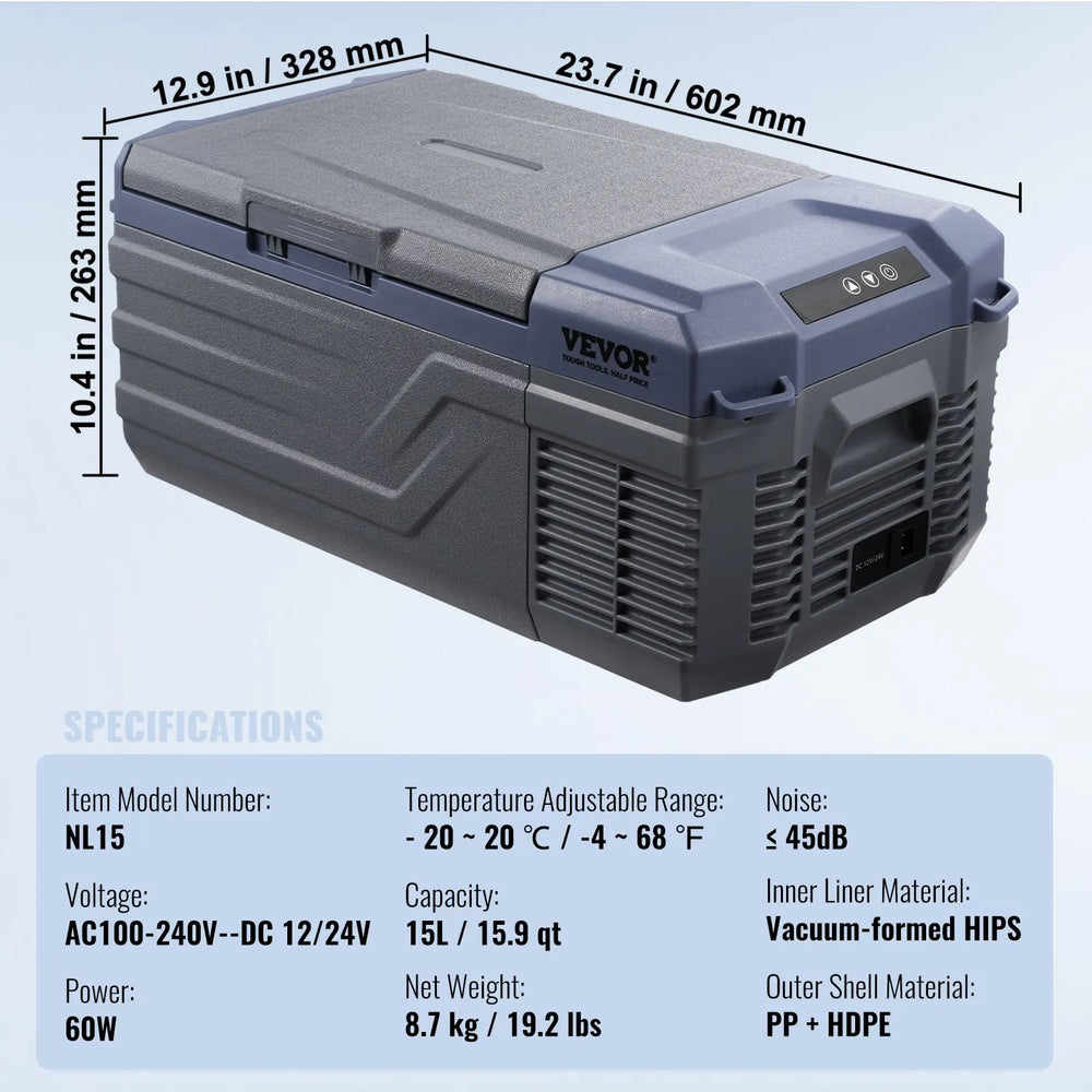 Vevor Car Refrigerator 16 QT with Adjustable Temperature DC 12/24V AC 100-240V New