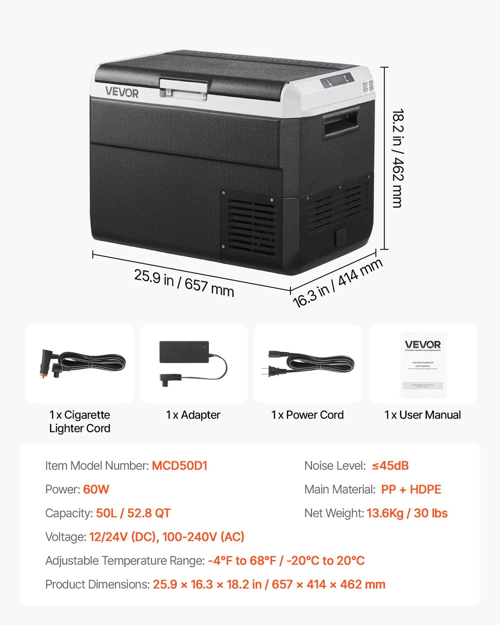 Vevor Car Refrigerator 52.8 Qt Capacity Adjustable Temp 12/24V DC 100-240V AC New