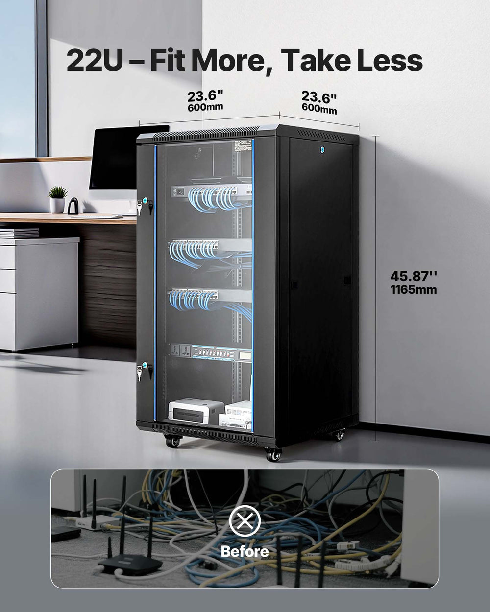 Vevor Network Cabinet 22U Server Rack Enclosure with Locking Door 23.6" Depth 300 lb. Capacity New