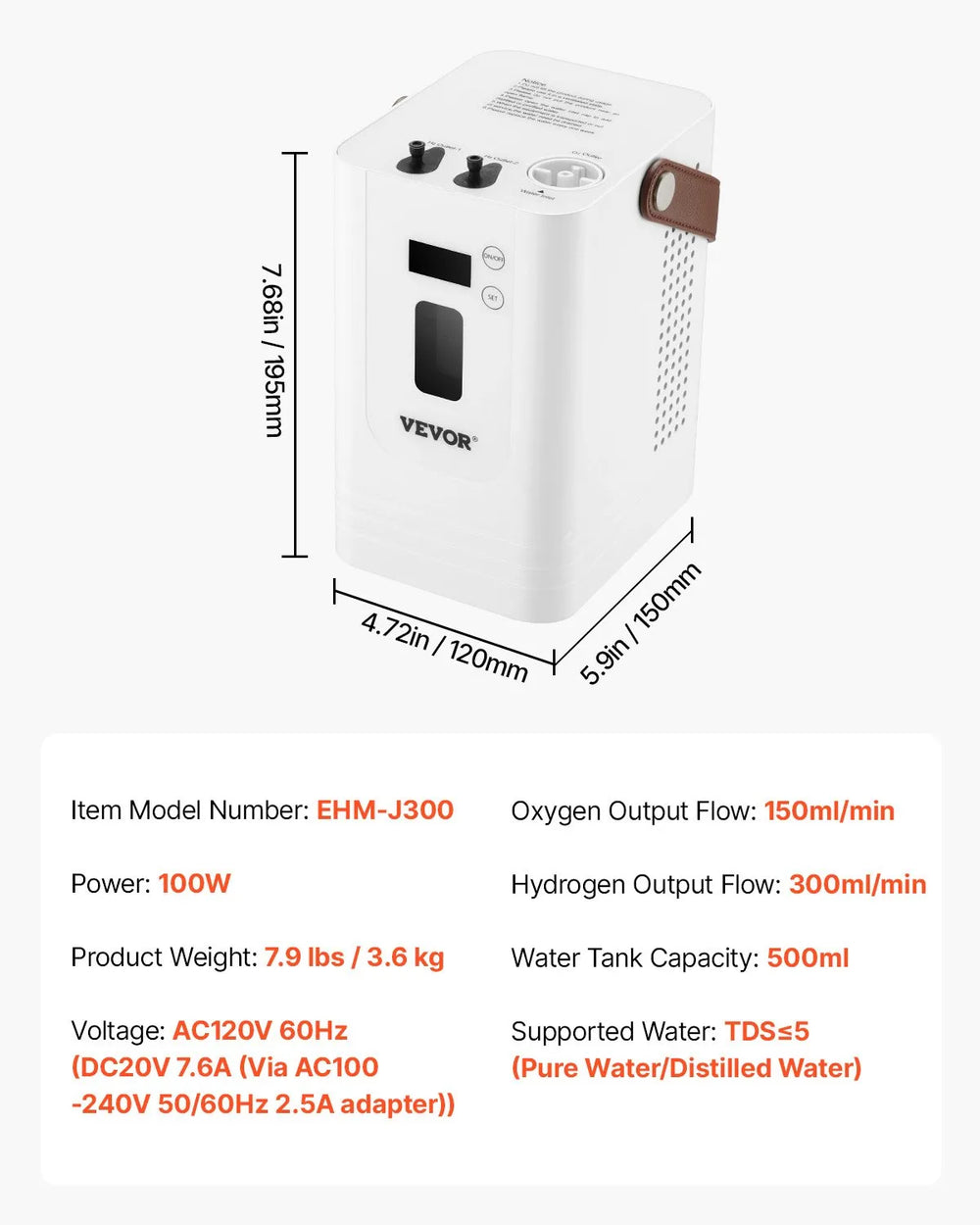 Vevor Hydrogen Inhalation Machine 99.99% High Purity 450ml/min 3-Ports New