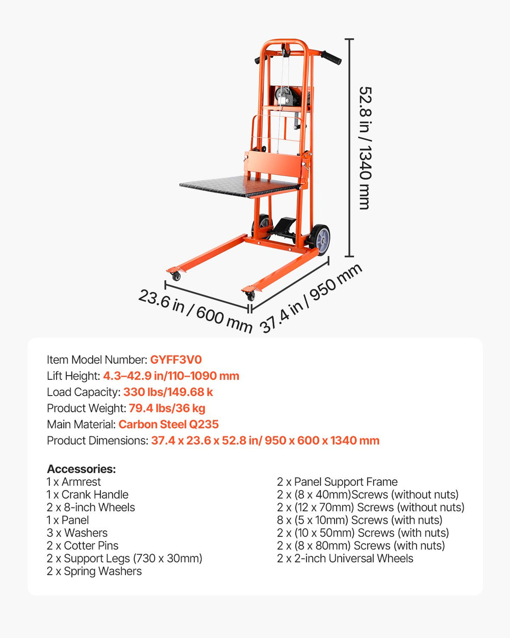 Vevor Material Lift Stacker Manual Winch 330 lbs Capacity 42.9 in Max Lift New