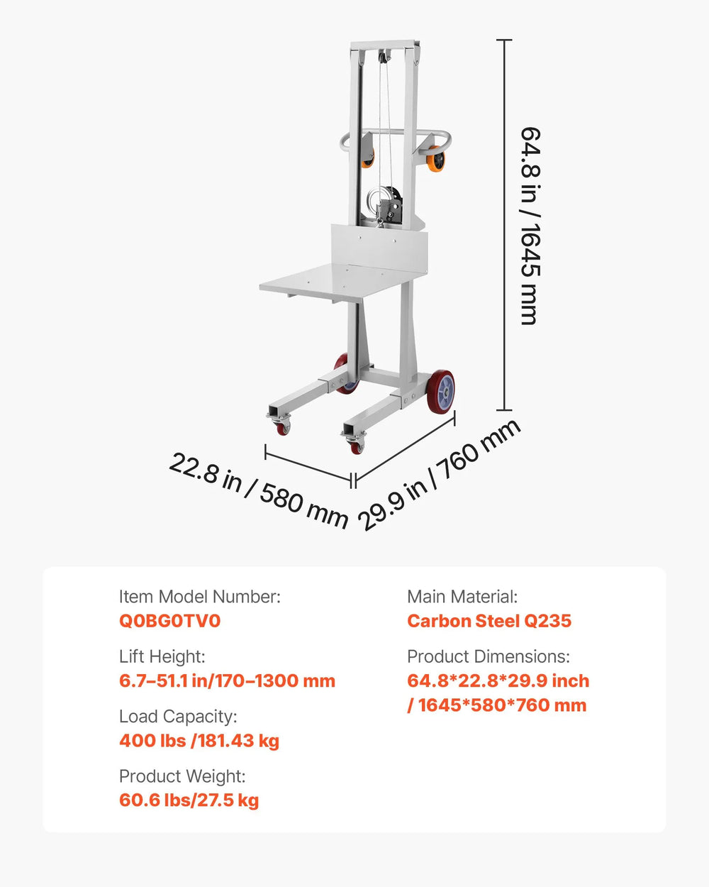 Vevor Material Lift Winch Stacker 400 lbs Capacity 51.1" Max Lift with Wheels New