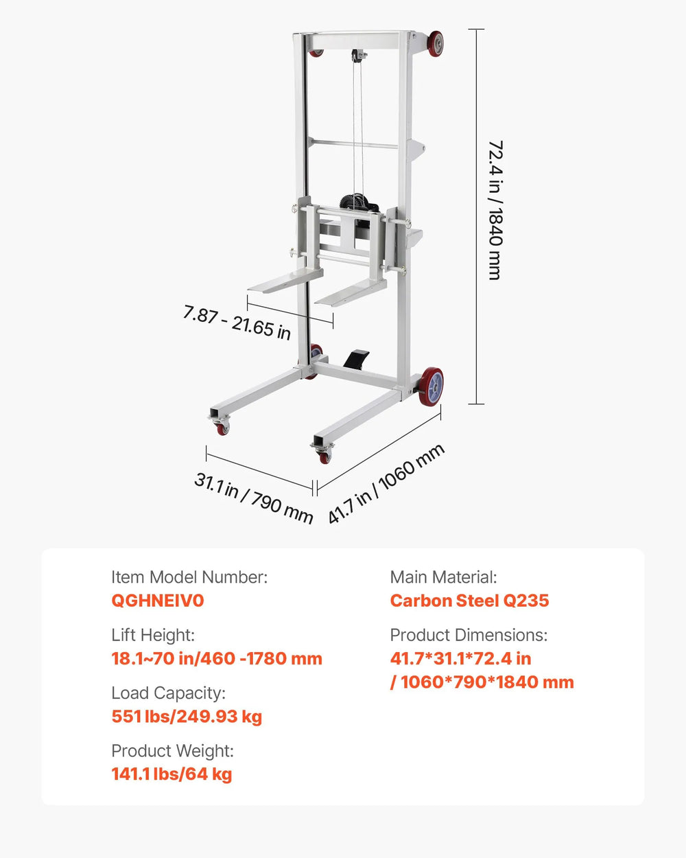 Vevor Material Lift Winch Stacker 70" Lift Height 550 lbs Capacity New
