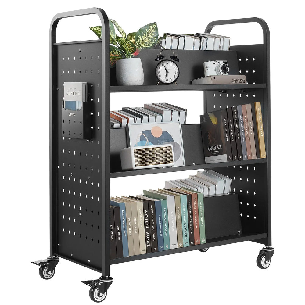 Vevor Rolling Book Cart Double Sided W-Shaped Shelves Lockable Wheels 330 lb. Capacity New