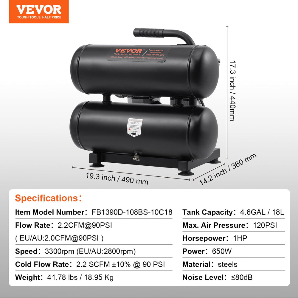 Vevor Air Compressor 4.6 Gal. Max 120 PSI Oil-Free Horizontal Compact Portable New