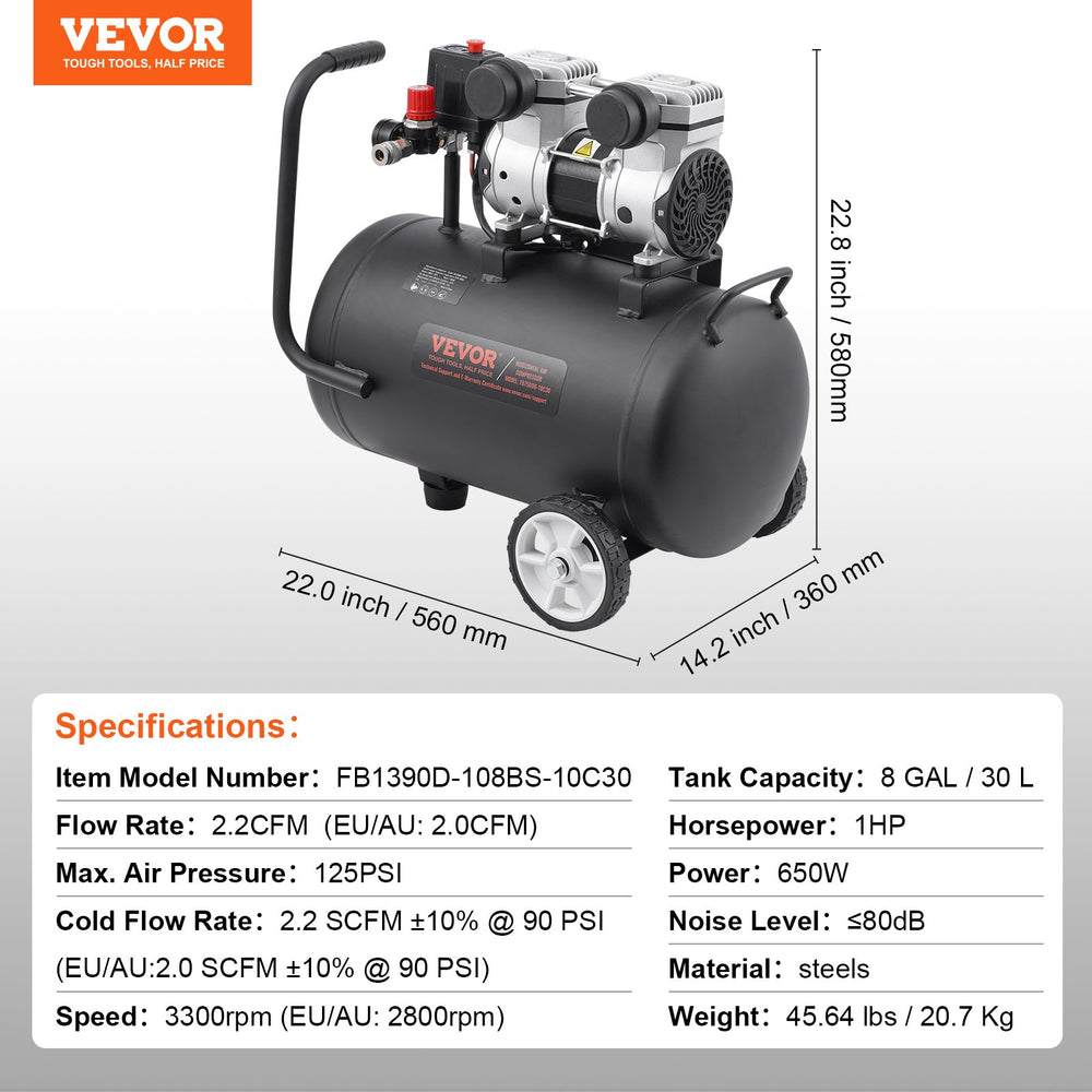 Vevor Air Compressor 8 Gal. Max 120 PSI Oil-Free Horizontal Compact Portable New