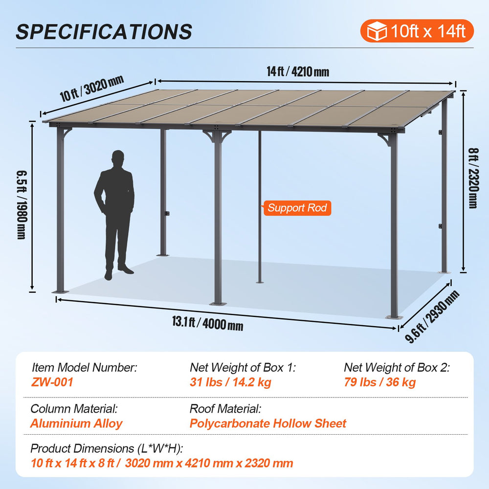 Vevor Lean-To Gazebo for Patio 10' x 14' Hard Top Pergola Aluminum Frame New