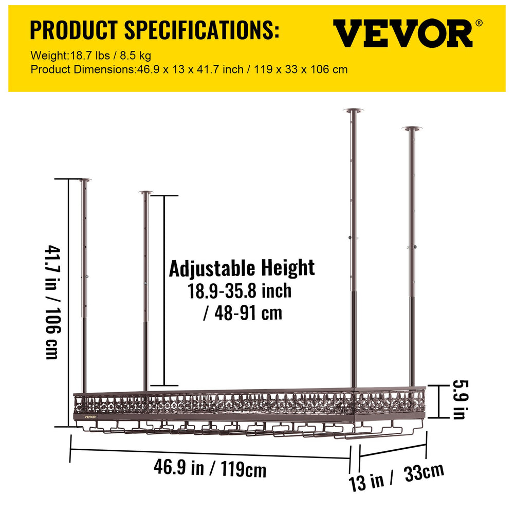 Vevor Ceiling Wine Glass Rack 46.9" x 13" Height Adjustable Hanging Cabinet New