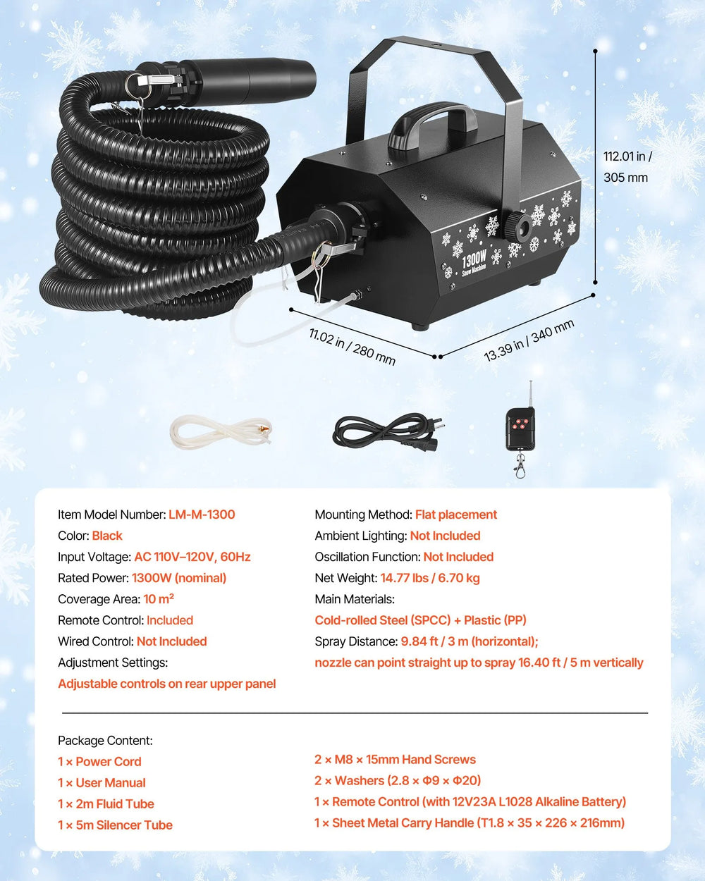 Vevor Snow Machine 1300W Portable Wireless Remote Control New