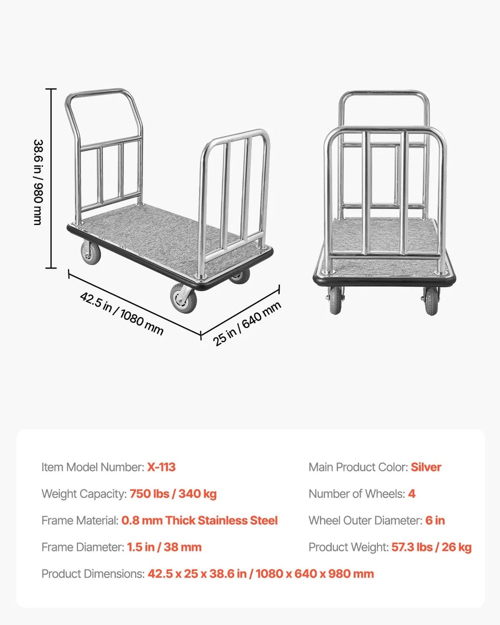 Vevor Hotel Luggage Cart 750 Lbs Platform Truck with Removable Front Frame New