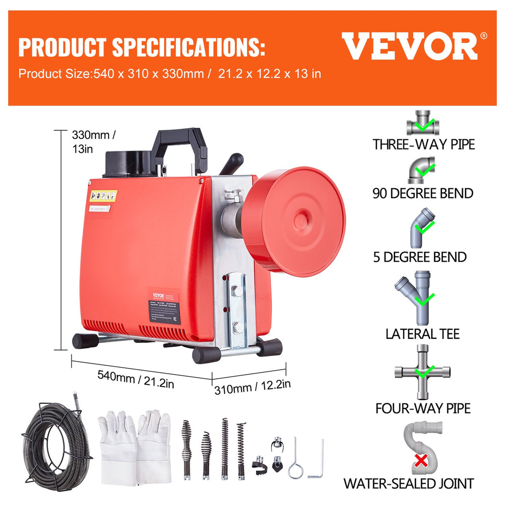 Vevor Drain Cleaner Machine 66 Ft. Sewer Snake Auger Manual Feed 250W New