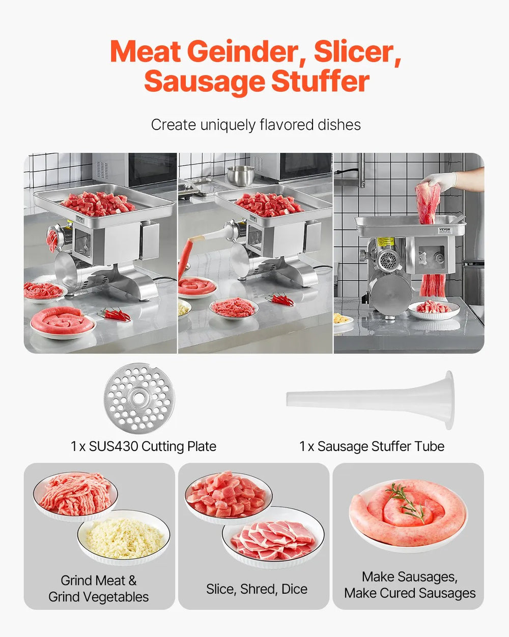 Vevor Electric Meat Grinder Slicer Multifunctional 11 Lbs/Min 700W Stainless Steel Sausage Stuffer New