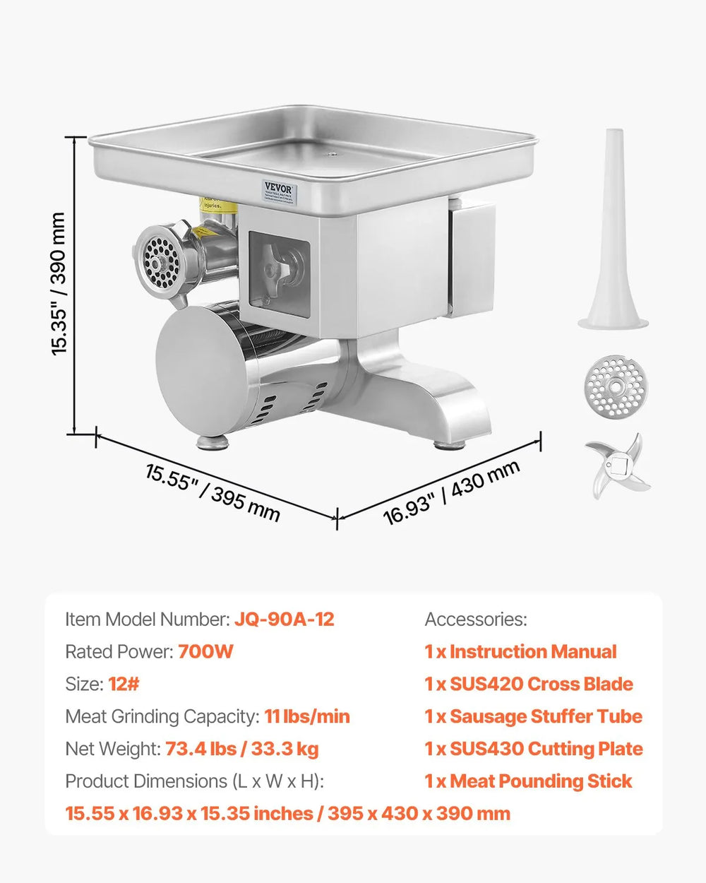Vevor Electric Meat Grinder Slicer Multifunctional 11 Lbs/Min 700W Stainless Steel Sausage Stuffer New