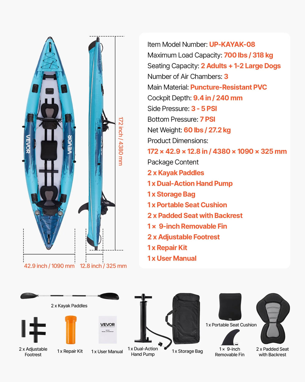 Vevor Inflatable Kayak 2-Person Drop-Stitch Floor 700 lbs. Capacity New