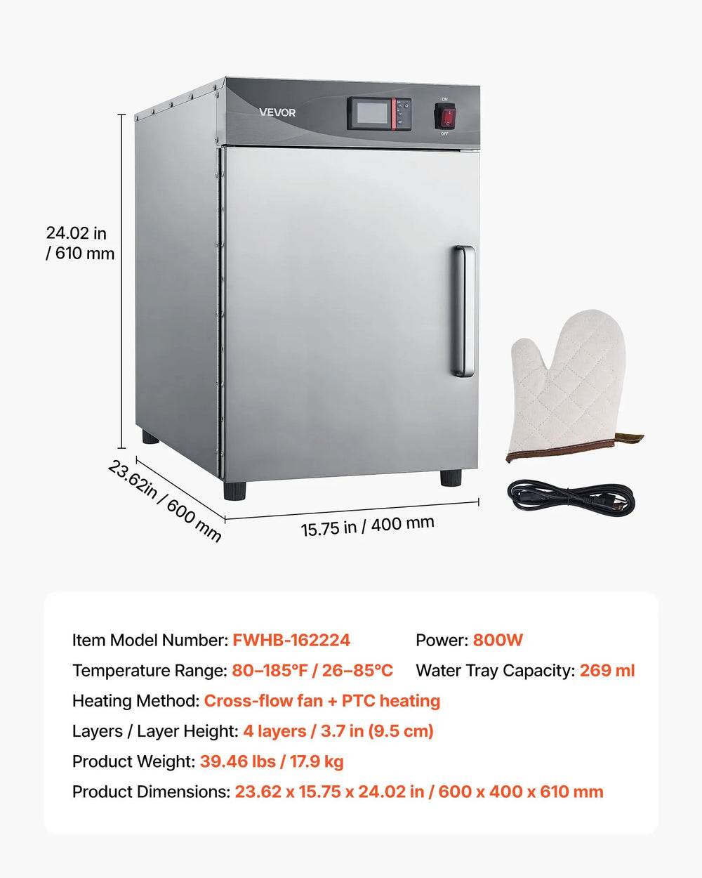 Vevor Hot Box Food Warmer 4-Tier Single Door with Water Tray Adjustable Shelves 800W New