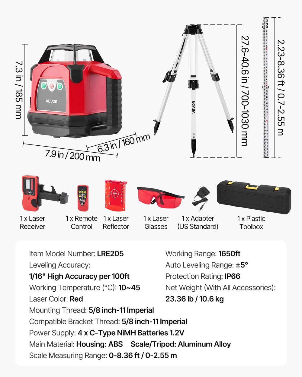 Vevor Rotary Laser Level Kit 1,650 ft. 360-Degree Self-Leveling with Heavy-Duty Tripod Remote Control New