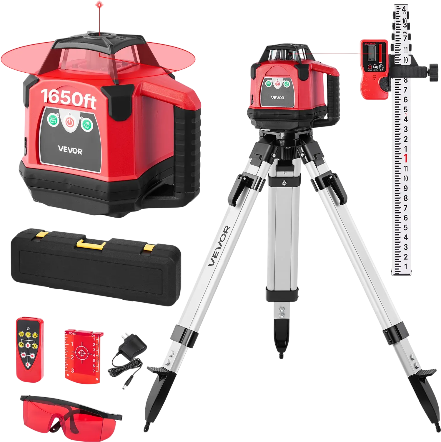 Vevor Rotary Laser Level Kit 1,650 ft. 360-Degree Self-Leveling with Heavy-Duty Tripod Remote Control New