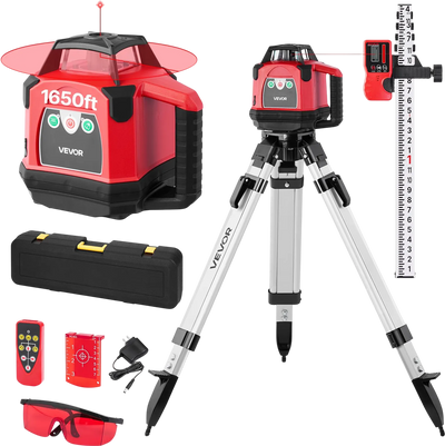Vevor Rotary Laser Level Kit 1,650 ft. 360-Degree Self-Leveling with Heavy-Duty Tripod Remote Control New