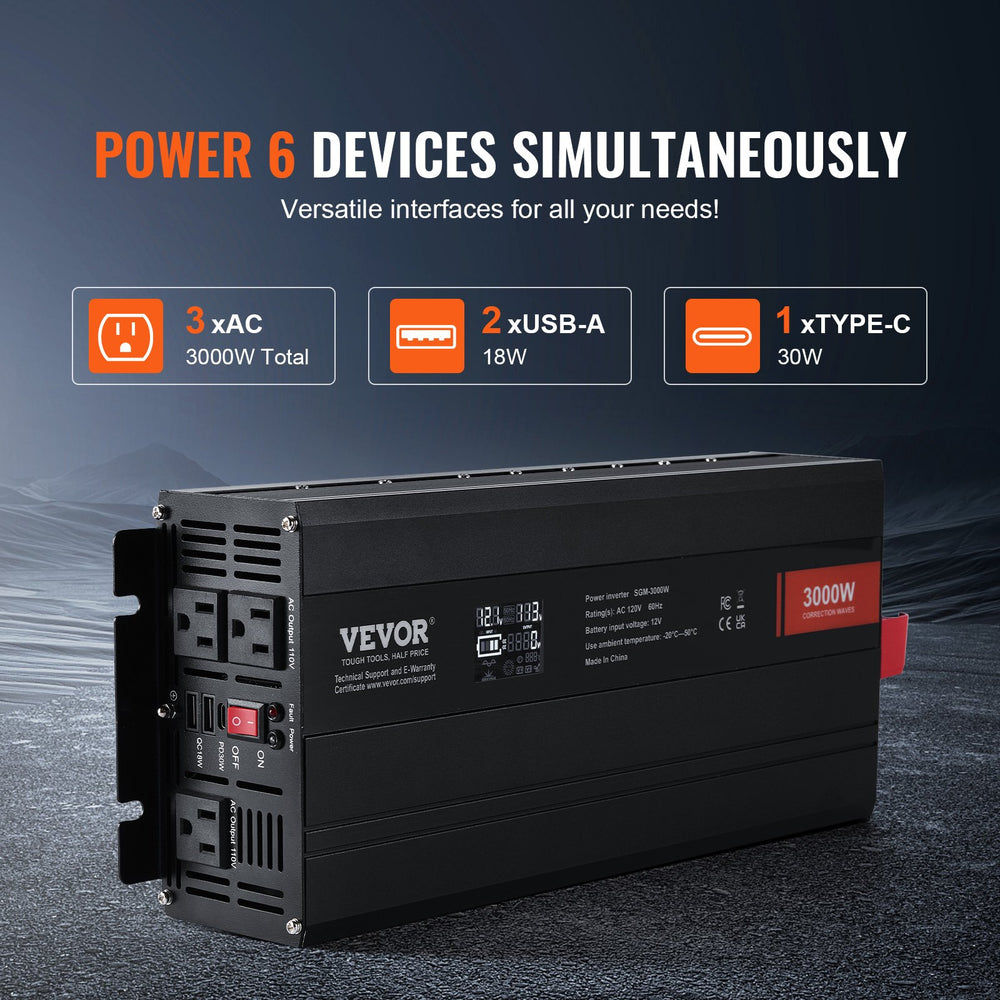 Vevor Modified Sine Wave Inverter 3000W DC 12V to AC 120V with USB & AC Outlets New