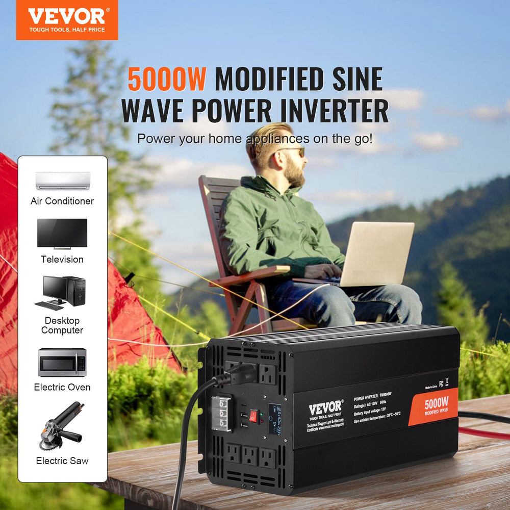 Vevor Modified Sine Wave Inverters 5000W DC 12V to AC 120V w/ LCD Display and Remote Control New