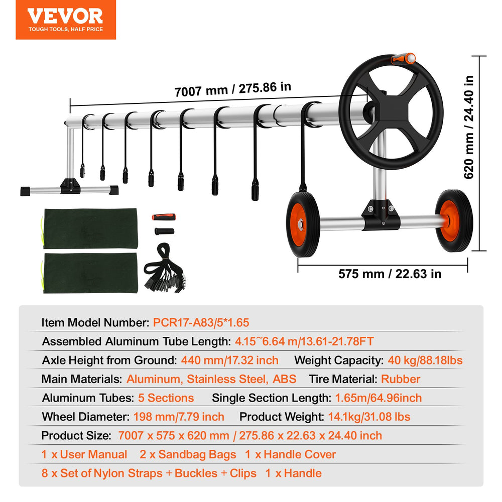 Vevor Solar Pool Cover Reel 22 ft. Aluminum with Rubber Wheels New