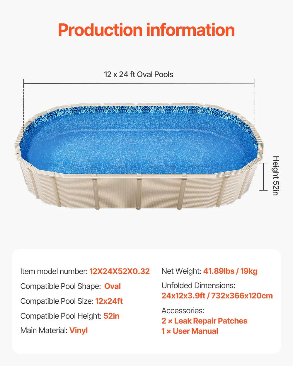 Vevor Above Ground Pool Liner 12' x 24' Oval Unibead 52" Wall Height New
