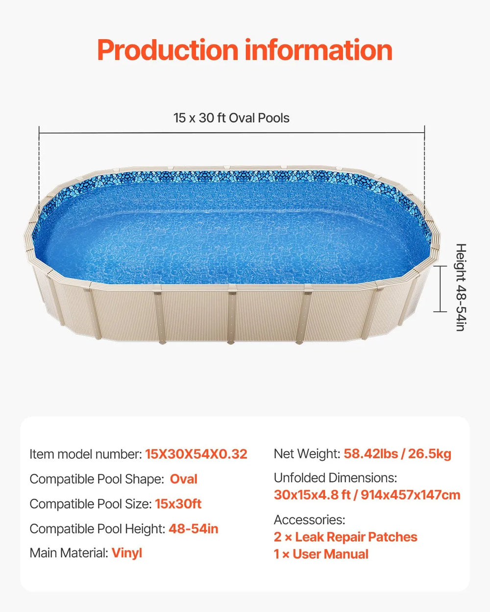 Vevor Oval Pool Liner 15' x 30' Overlap Style 54" Wall Height New