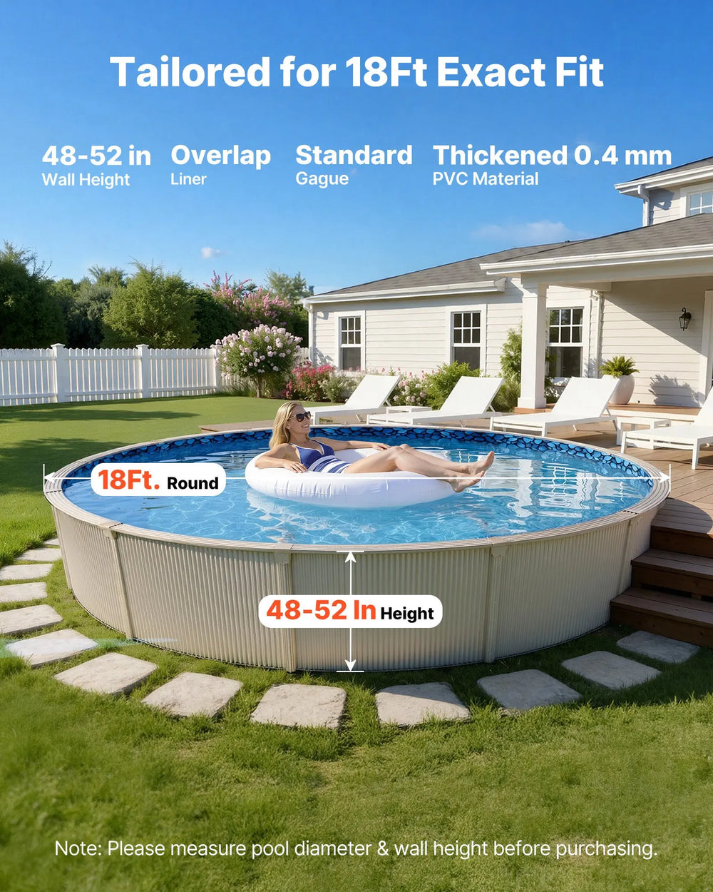 Vevor Above Ground Pool Liner 18' Round Overlap for 52" Wall Height New