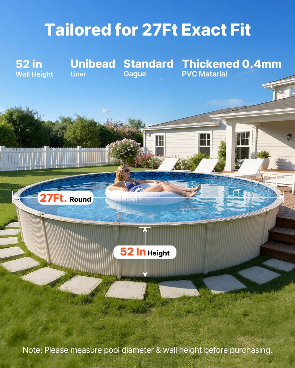 Vevor Pool Liner 27 ft. Round UniBead for 52 in. Wall Height New