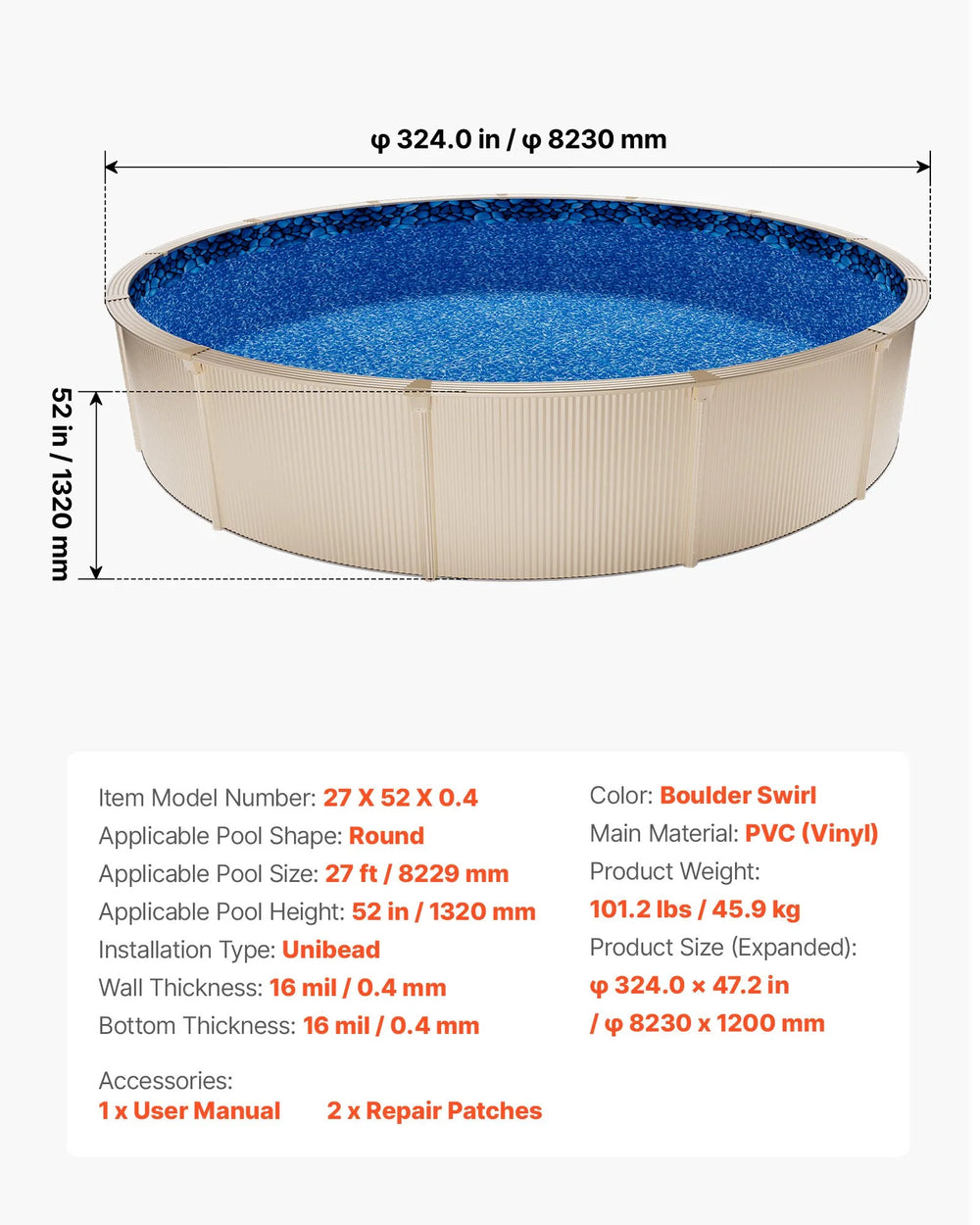 Vevor Pool Liner 27 ft. Round UniBead for 52 in. Wall Height New